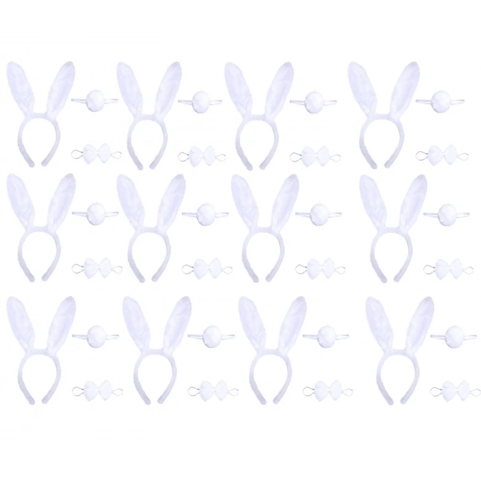 Beyaz Tavşan Kostüm Seti – Taç Papyon Kuyruk 12 li Paket