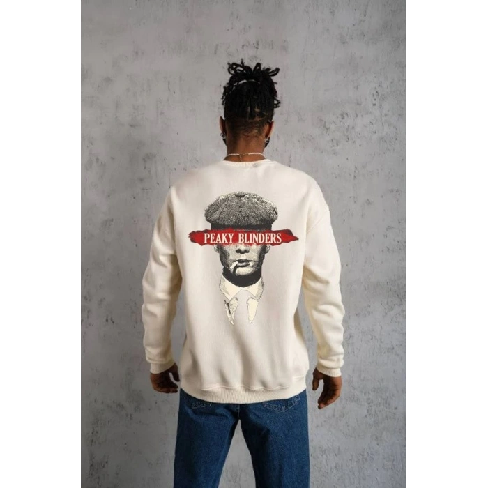 Bisiklet Yaka Baskılı Oversize Sweatshirt - Beyaz -