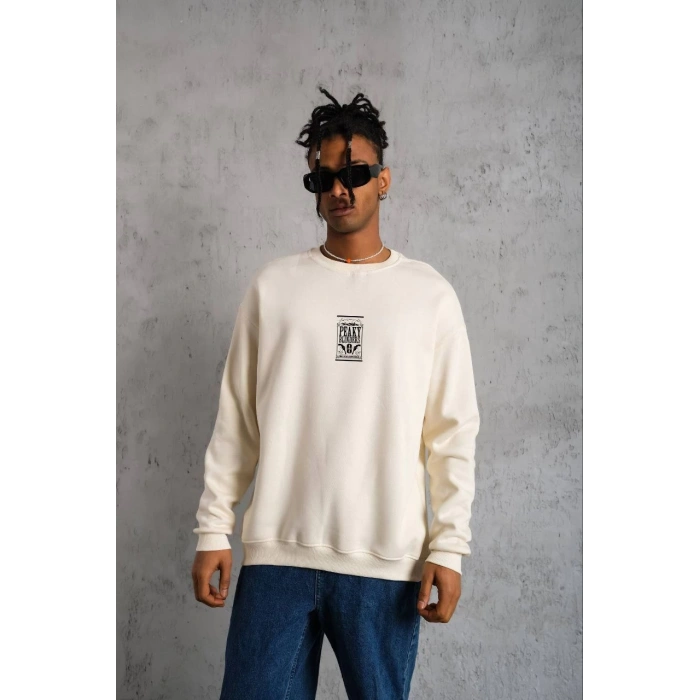 Bisiklet Yaka Baskılı Oversize Sweatshirt - Beyaz -
