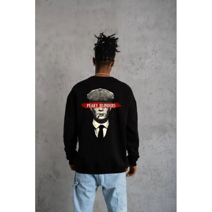 Bisiklet Yaka Baskılı Oversize Sweatshirt - Siyah -