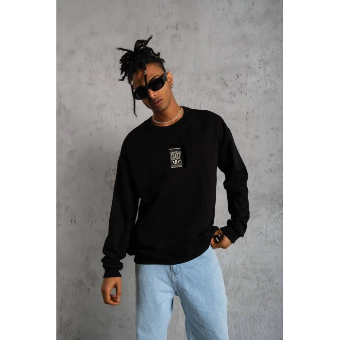 Bisiklet Yaka Baskılı Oversize Sweatshirt - Siyah -