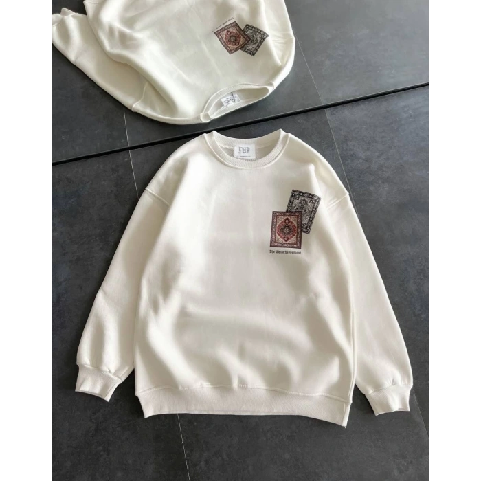 Bisiklet Yaka Baskılı SweatShirt - Beyaz -