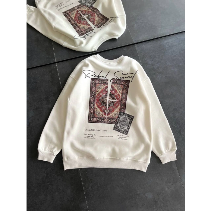 Bisiklet Yaka Baskılı SweatShirt - Beyaz -
