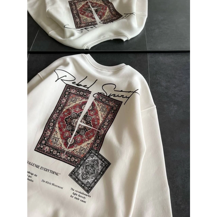 Bisiklet Yaka Baskılı SweatShirt - Beyaz -