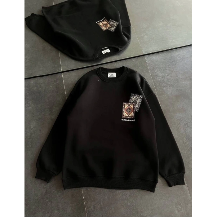 Bisiklet Yaka Baskılı SweatShirt - Siyah -