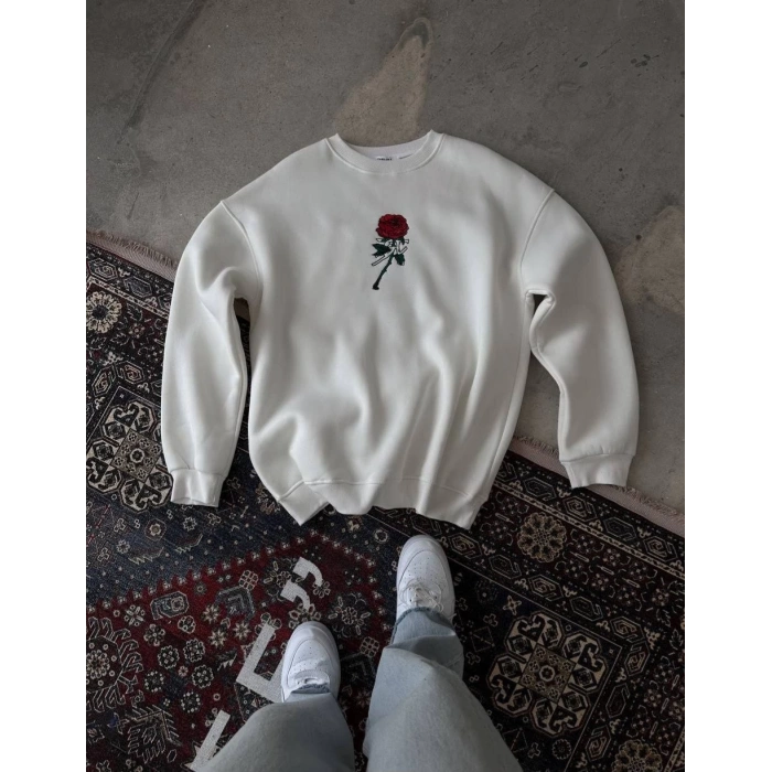 Bisiklet Yaka Ön Ve Arka Baskılı SweatShirt - Beyaz -