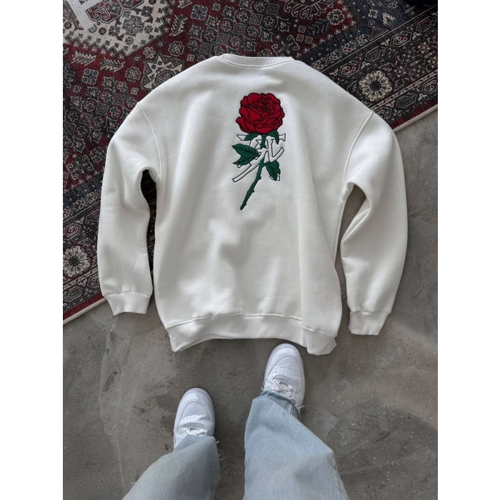 Bisiklet Yaka Ön Ve Arka Baskılı SweatShirt - Beyaz -
