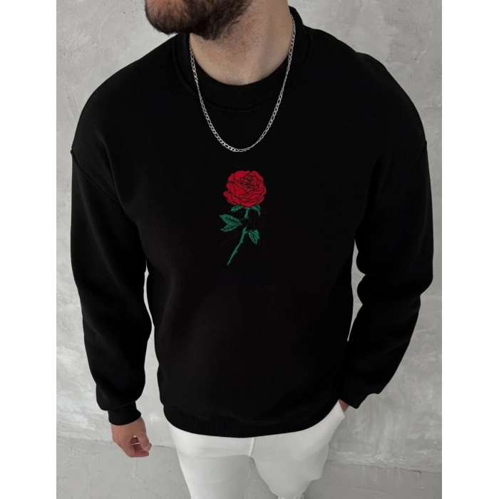 Bisiklet Yaka Ön Ve Arka Baskılı SweatShirt - Siyah -