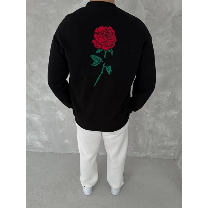 Bisiklet Yaka Ön Ve Arka Baskılı SweatShirt - Siyah -