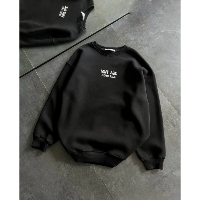 Bisiklet Yaka Üç İplik Baskılı Oversize SweatShirt - Siyah -