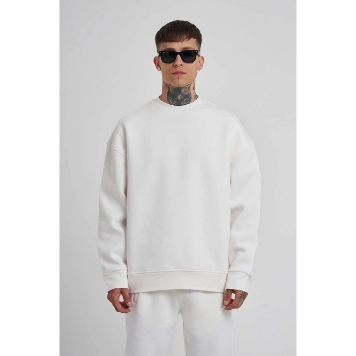 Biskilet Yaka Üç İplik SweatShirt - Beyaz -
