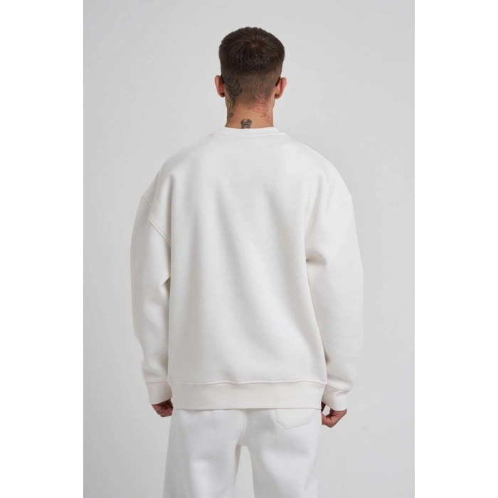 Biskilet Yaka Üç İplik SweatShirt - Beyaz -