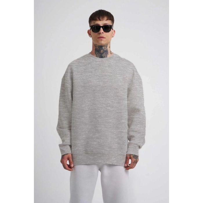 Biskilet Yaka Üç İplik SweatShirt - Gri -