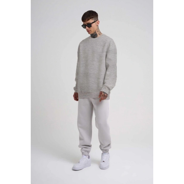Biskilet Yaka Üç İplik SweatShirt - Gri -