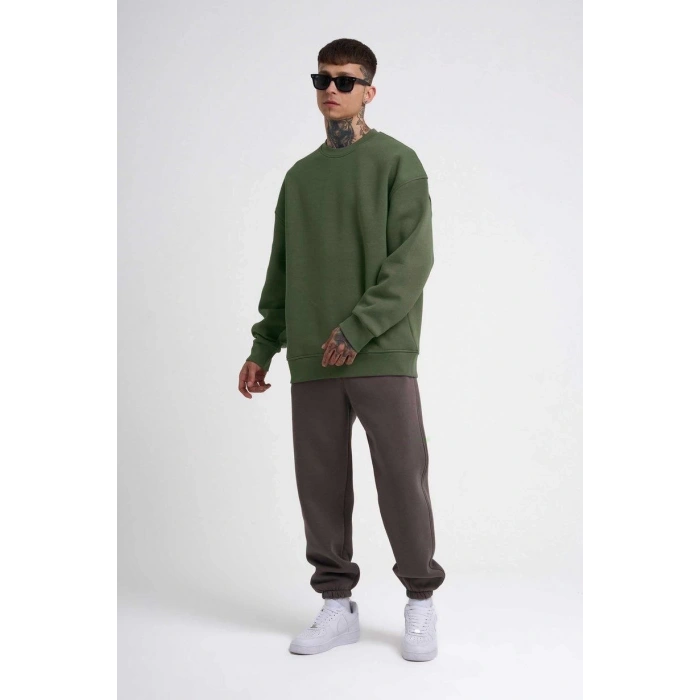 Biskilet Yaka Üç İplik SweatShirt - Haki