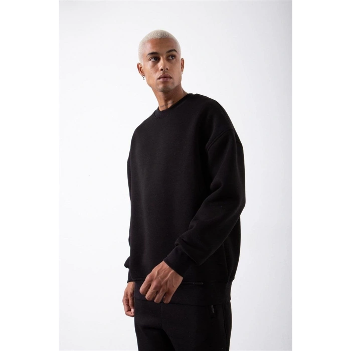 Biskilet Yaka Üç İplik SweatShirt - Siyah -