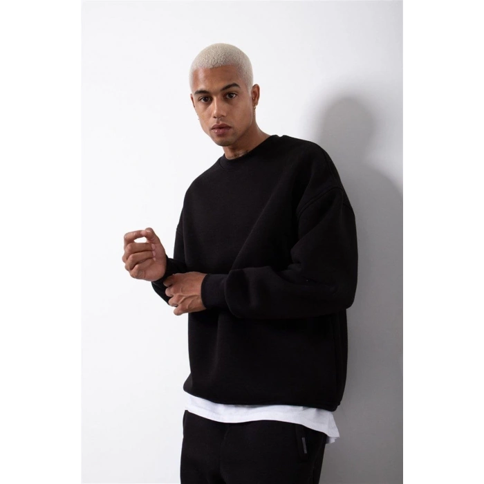 Biskilet Yaka Üç İplik SweatShirt - Siyah -