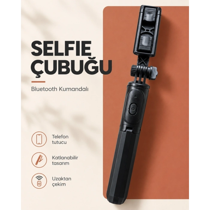 Bluetooth Kumandalı Katlanabilir Selfie Çubuğu Ve Telefon Tutucu