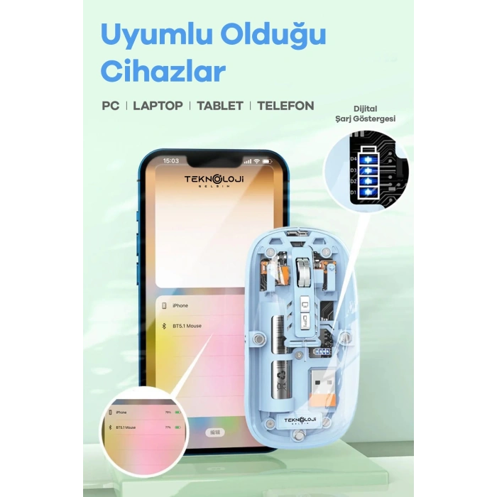 Bluetooth Usb Çift Modlu Sessiz Mouse, Şeffaf Mıknatıslı Kapaklı, Type-c Şarjlı, Dpı Ayarlı, Kablosuz 10m Çekim Mesafeli, Masaüstü Kısayol Tuşlu, Taşınabilir Şarjlı Mouse Siyah