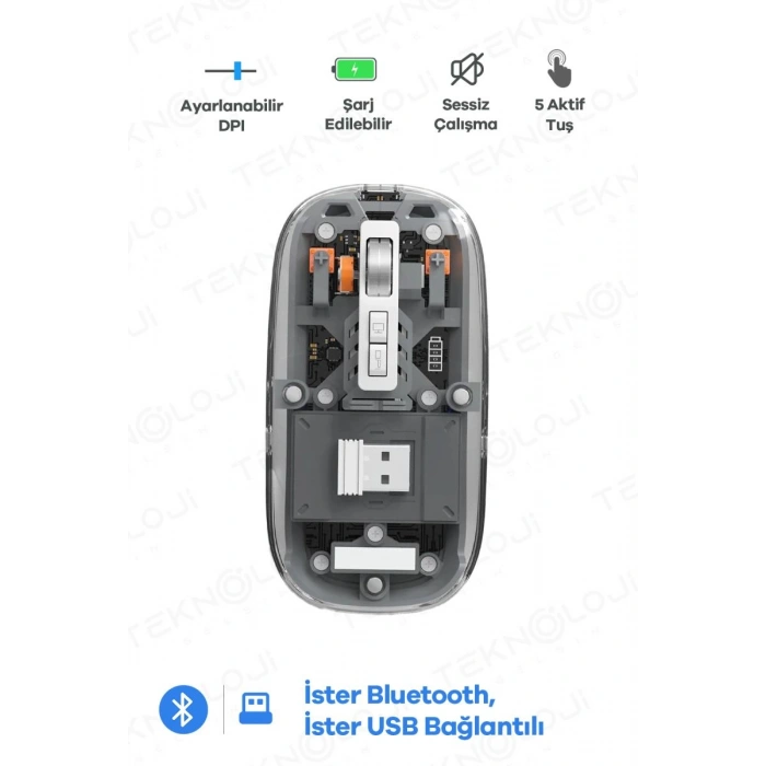 Bluetooth Usb Çift Modlu Sessiz Mouse, Şeffaf Mıknatıslı Kapaklı, Type-c Şarjlı, Dpı Ayarlı, Kablosuz 10m Çekim Mesafeli, Masaüstü Kısayol Tuşlu, Taşınabilir Şarjlı Mouse Siyah