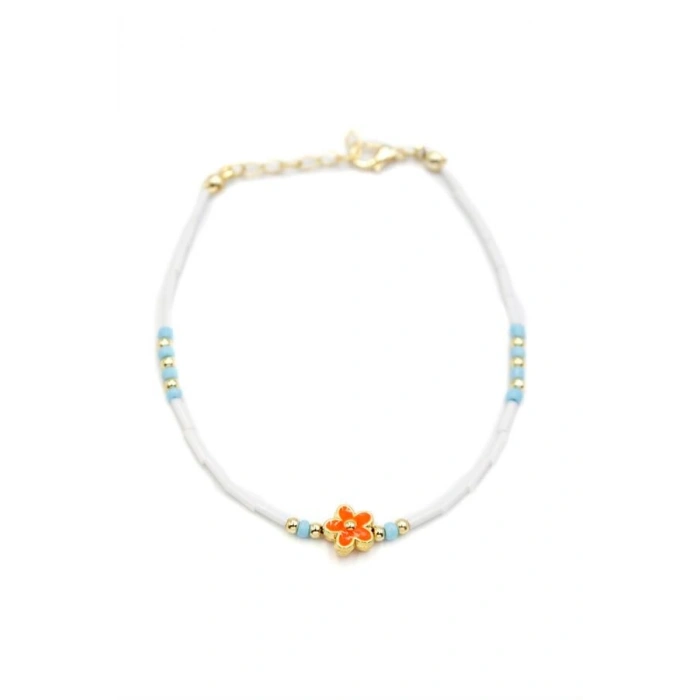 Boncuklu Çiçek  Halhal - Turuncu