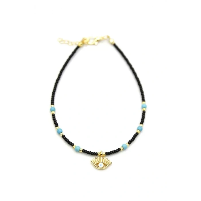 Boncuklu Göz Halhal - Siyah