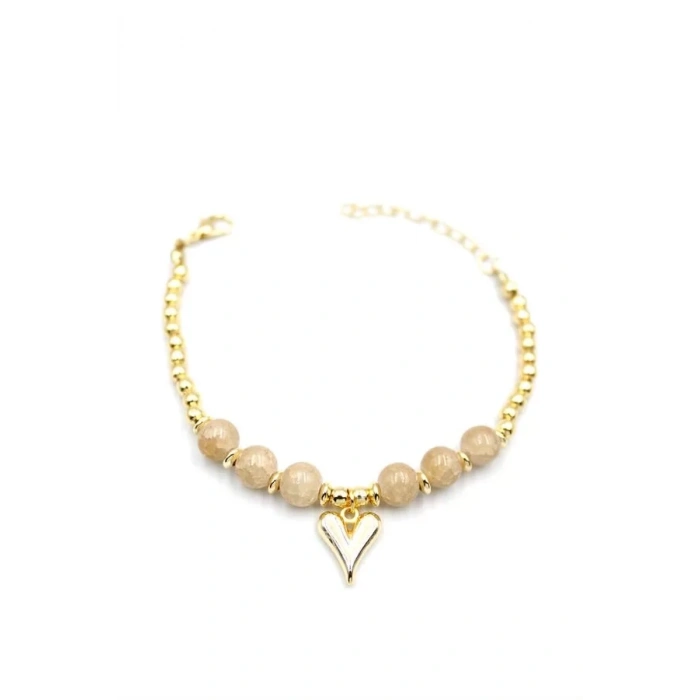 Boncuklu Kalp Bileklik - Krem