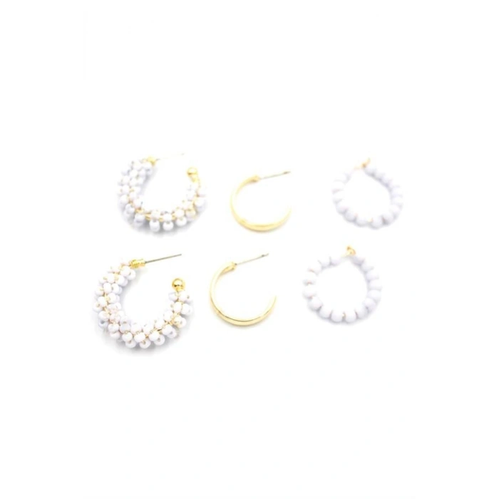 Boncuklu Küpe Seti - Beyaz