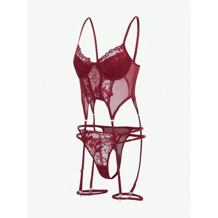 Bordo Babydoll İç Giyim Seti Bustiyer  ,Külot , Bacak Bantları