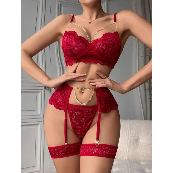 Bordo ,  Gold Zincirli Jartiyer Takımı