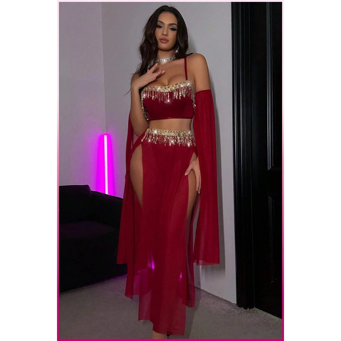 Bordo Pul Aksesuarlı Tül Etekli Kadın Seksi Gecelik