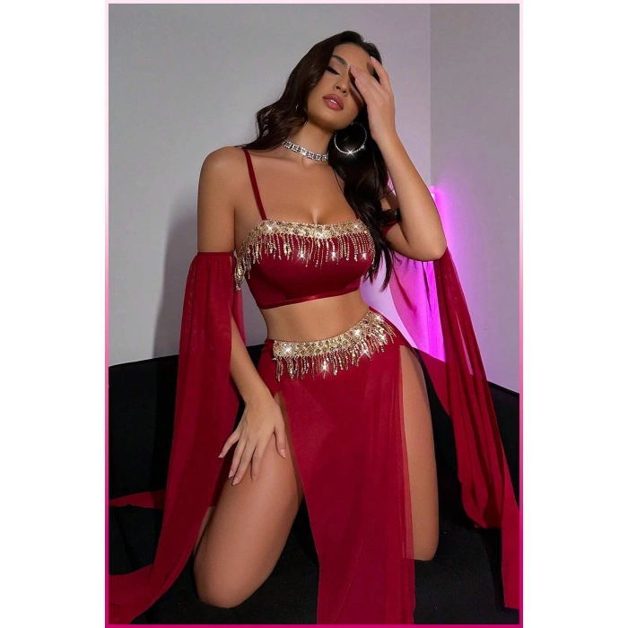 Bordo Pul Aksesuarlı Tül Etekli Kadın Seksi Gecelik