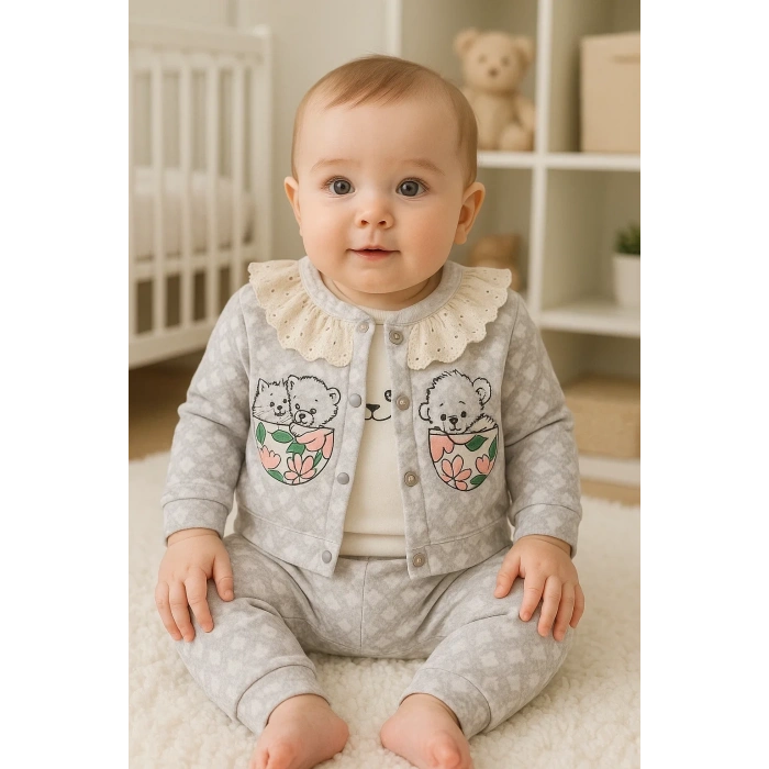 Brode İşlemeli Kalp Desenli 3lü Hırkalı Kız Bebek Takım