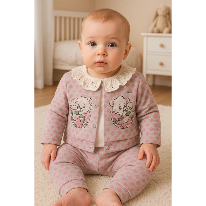 Brode İşlemeli Kalp Desenli 3lü Hırkalı Kız Bebek Takım