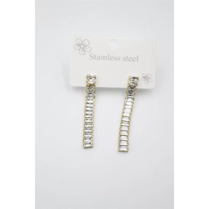 Büyük Baget Taşlı Çelik  Küpe - Altın