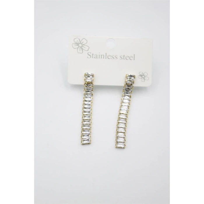 Büyük Baget Taşlı Çelik  Küpe - Altın