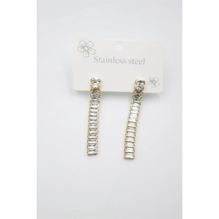 Büyük Baget Taşlı Çelik  Küpe - Altın