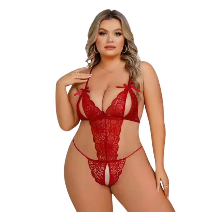 Büyük Beden Fantezi Kırmızı Dantelli Babydoll