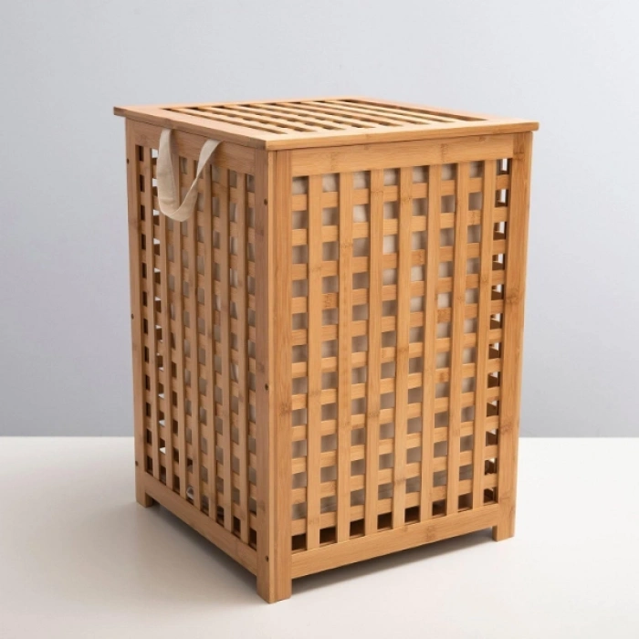 Büyük Boy Ahşap Bambu Kirli Sepeti 45x45x62