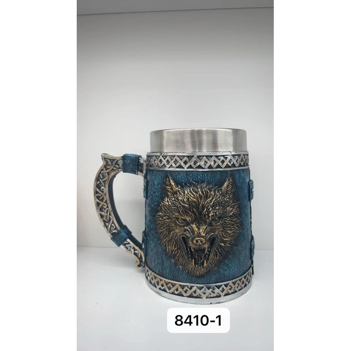 Büyük Boy Mavi Kurt Motifli Çelik Kupa Kod 8410-1