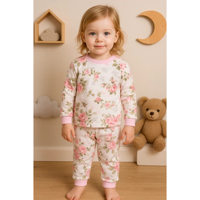 Büyük Çiçek Desenli Kız Bebek Eşofman Takımı %100 Pamuk