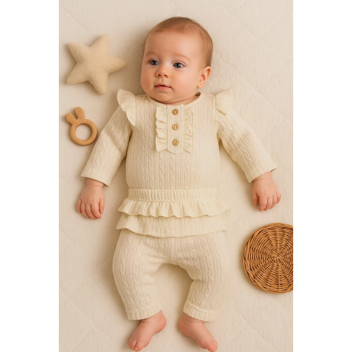Büzgü Detaylı Fırfırlı % 100 Pamuk 2li Kız Bebek Takımı