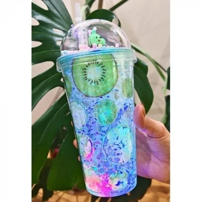 Buzz Temalı Suluk Pipetli Buzlu Cam Görünümlü Led Işıklı 450 ML Çift Katman Mika 2768