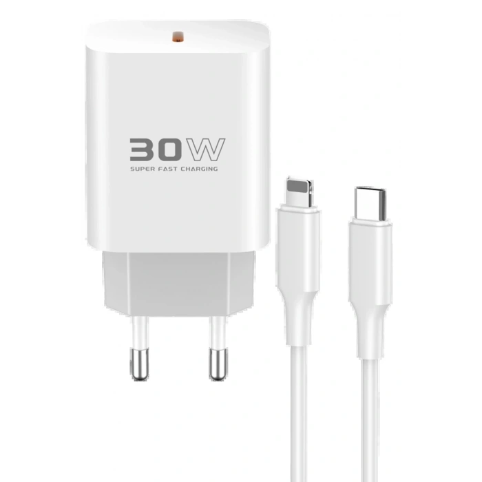 C87C 30W Type-C Çıkışlı Ekstra DL50 1M Type-C to Lightning Kablolu PD Şarj Cihazı - Beyaz