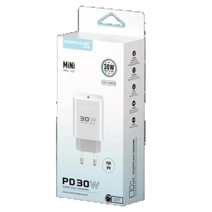 C87C 30W Type-C Çıkışlı Ekstra DL50 1M Type-C to Lightning Kablolu PD Şarj Cihazı - Beyaz