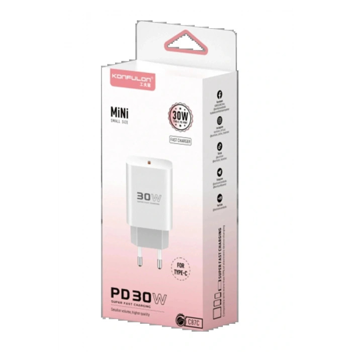 C87C 30W Type-C Çıkışlı Ekstra DL51 1M Type-C to Type-C Kablolu PD Şarj Cihazı - Beyaz