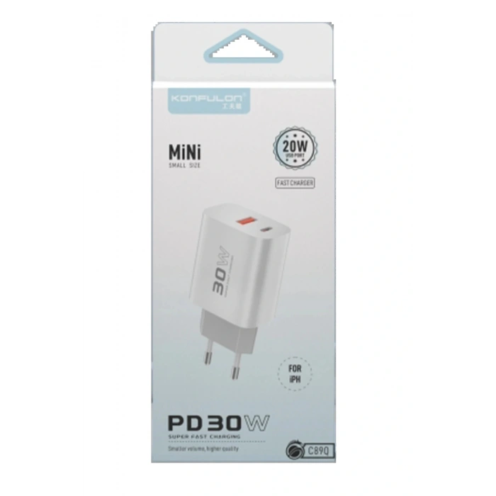 C89Q 1 Adet 30W Type-C ve 1 Adet 22.5W USB Çıkışlı Ekstra DL48 1M USB to Lightning Kablolu PD Şarj Cihazı - Beyaz