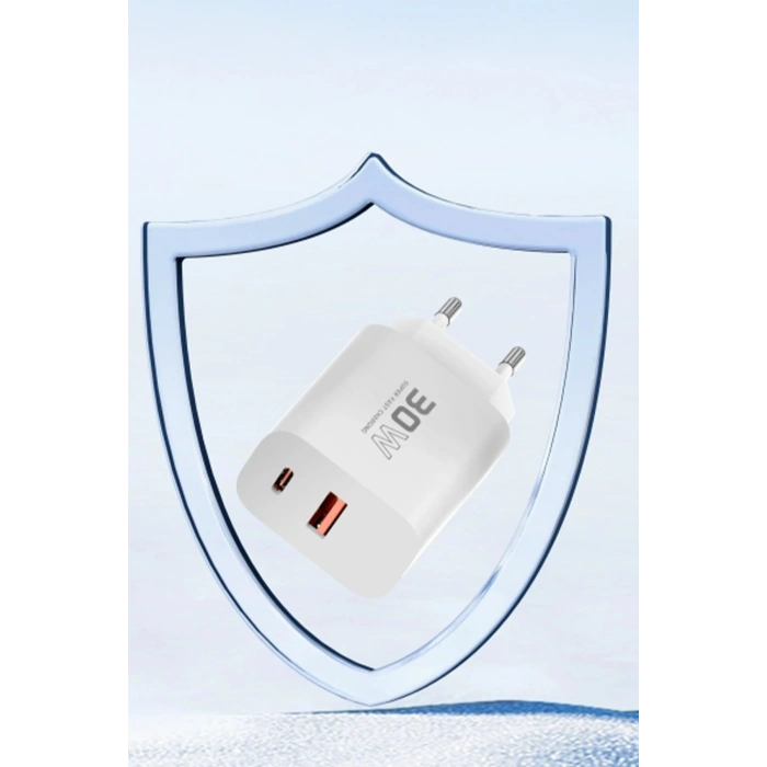 C89Q 1 Adet 30W Type-C ve 1 Adet 22.5W USB Çıkışlı Ekstra DL48 1M USB to Lightning Kablolu PD Şarj Cihazı - Beyaz