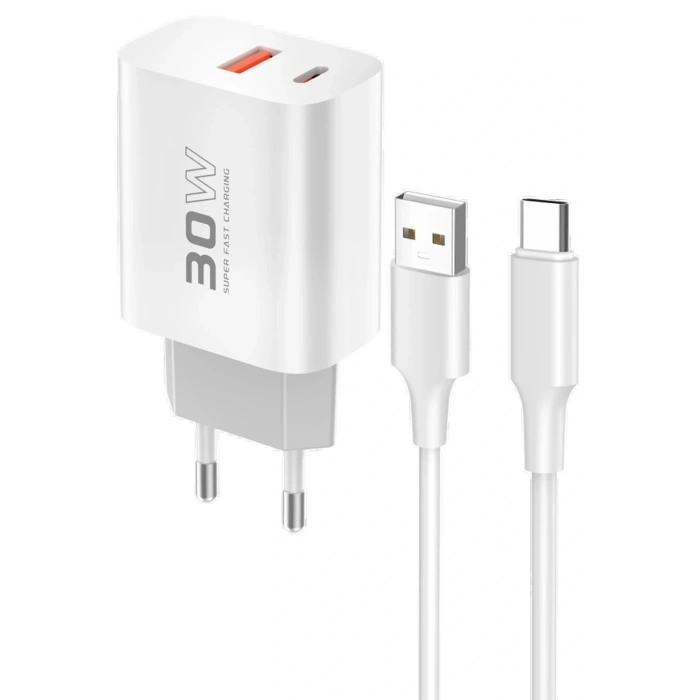 C89Q 1 Adet 30W Type-C ve 1 Adet 22.5W USB Çıkışlı Ekstra DL49 1M USB to Type-C Kablolu PD Şarj Cihazı - Beyaz
