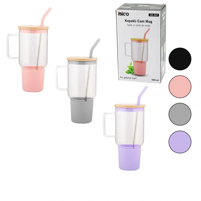 CAM 1000ML MATARA - SULUK BAMBU KAPAK - SIZDIRMAZ SİLİKONLU ÇELİK PİPET KORUYUCU SİLİKON ALTLIK - KILIF (4887)